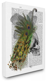 "Newspaper Print Skull With Peacock" Stretched Canvas Wall Art