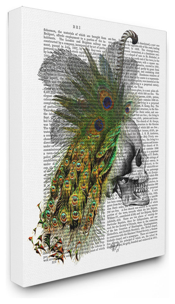 "Newspaper Print Skull With Peacock" Stretched Canvas Wall Art