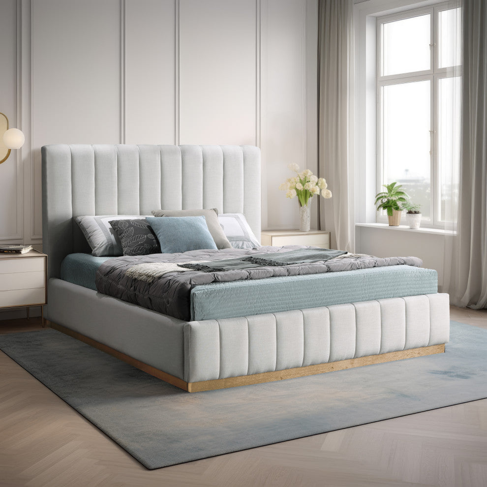 Lucia Beige Linen Textured Fabric Full Bed, Cream, Full, Natural Finish