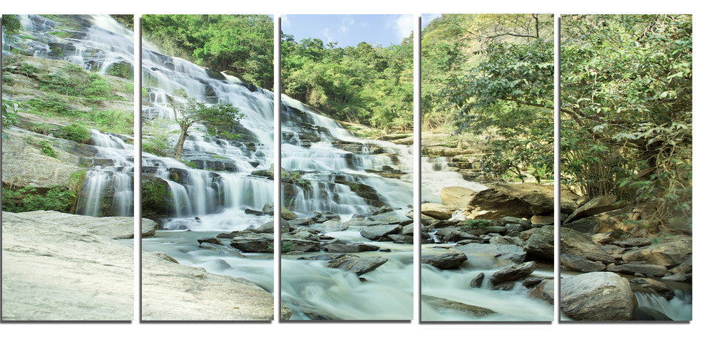 "Maeyar Waterfall in Rain" Landscape Canvas Photo Print, 5 Panels, 60"x28"