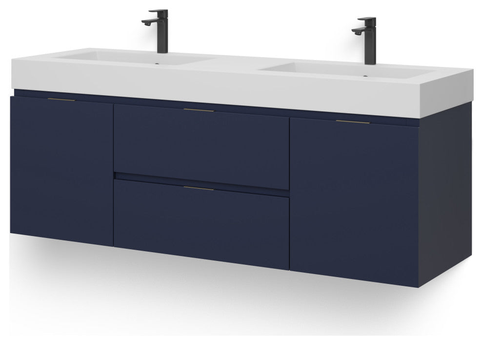 Boutique Bath Vanity, Blue, 60", Double Sink, Wall Mount