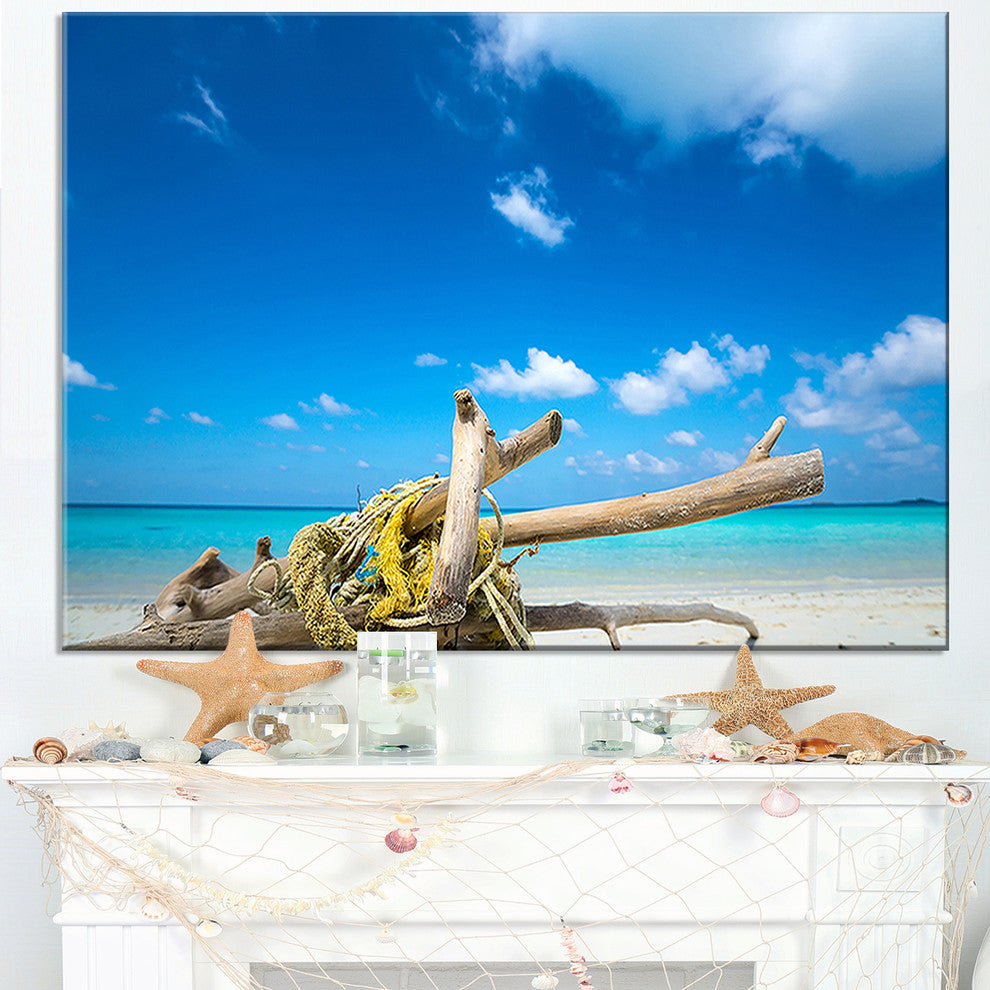 "Deadwood on White Sand Beach" Contemporary Seascape Wall Art, 1 Panel, 60"x28"