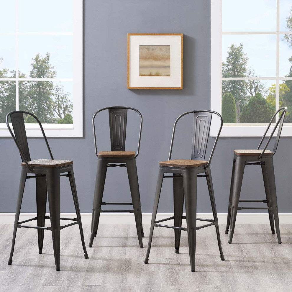 Bar Stool Chair Barstool, Set of 4, Wood, Metal, Brown, Modern, Bar Pub Bistro