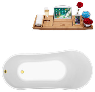 59" Soaking Clawfoot Tub With External Drain, White/Gold