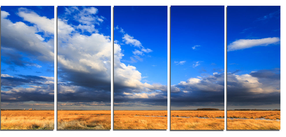 Clouded Blue Sky over Prairie, Landscape Canvas Art Print, 60"x28", 5 Panels
