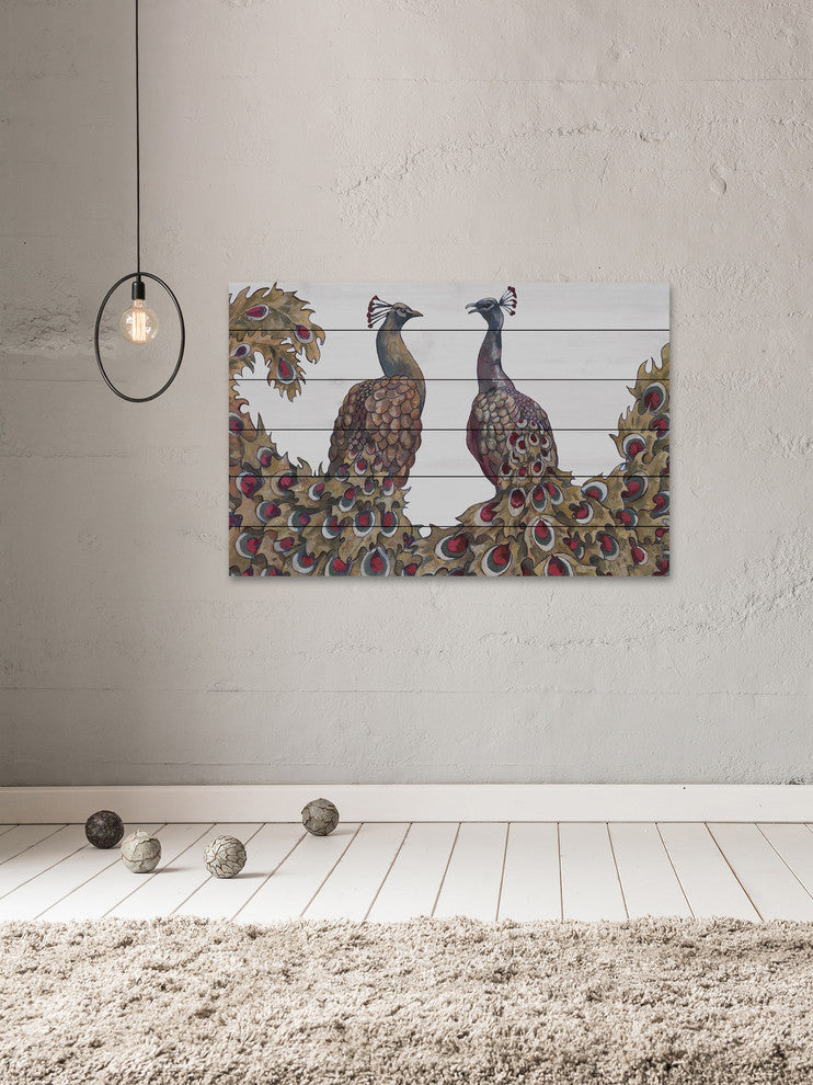 "Peacock Partner I" Painting Print on White Wood, 36"x24"
