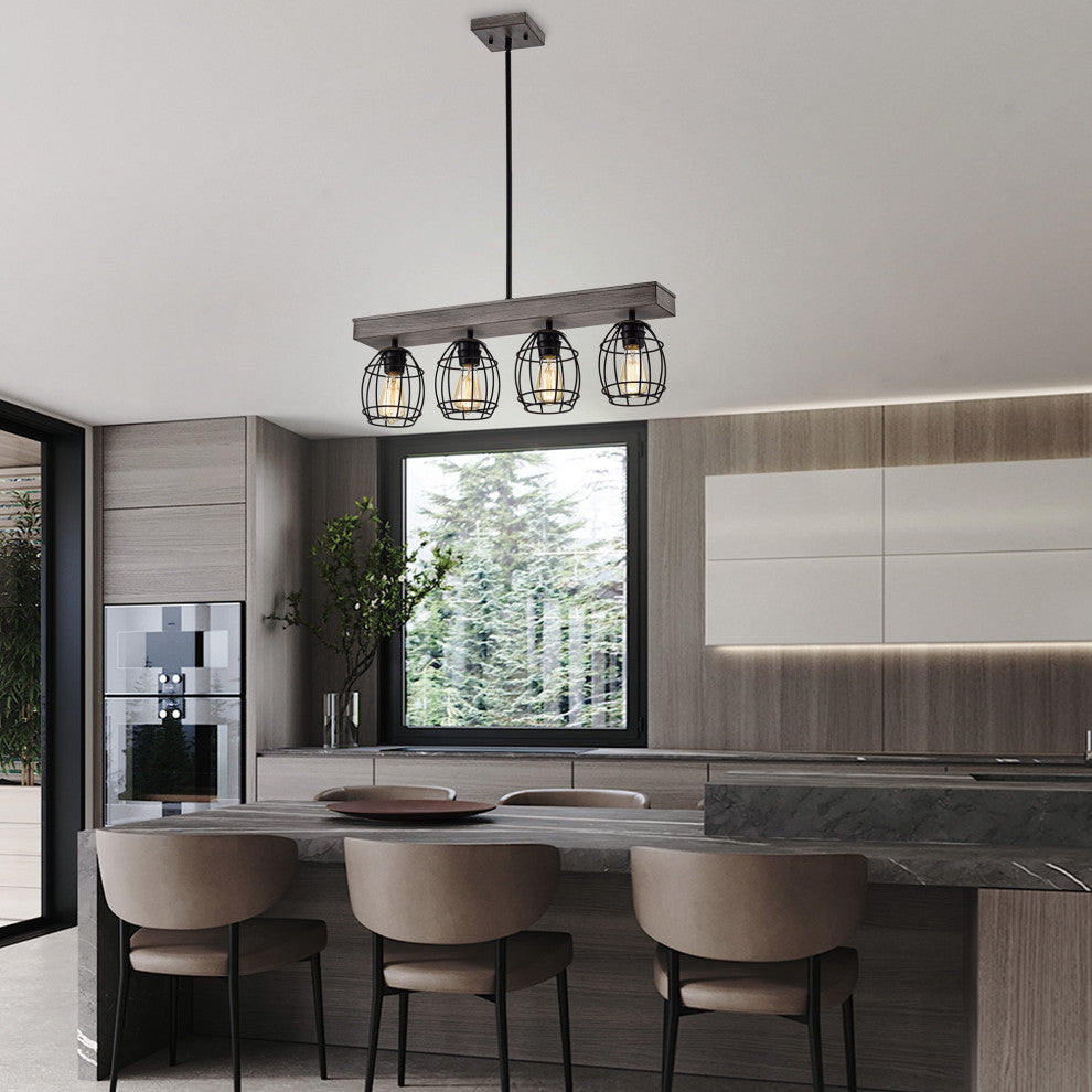 4-Light Wood and Black Cage Linear Pendant