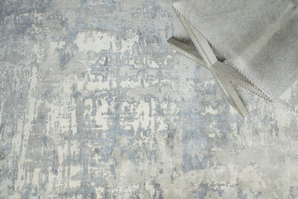 Murano Handmade Hand Loomed Wool and Bamboo Silk Silver/Blue Area Rug, 9'x12'