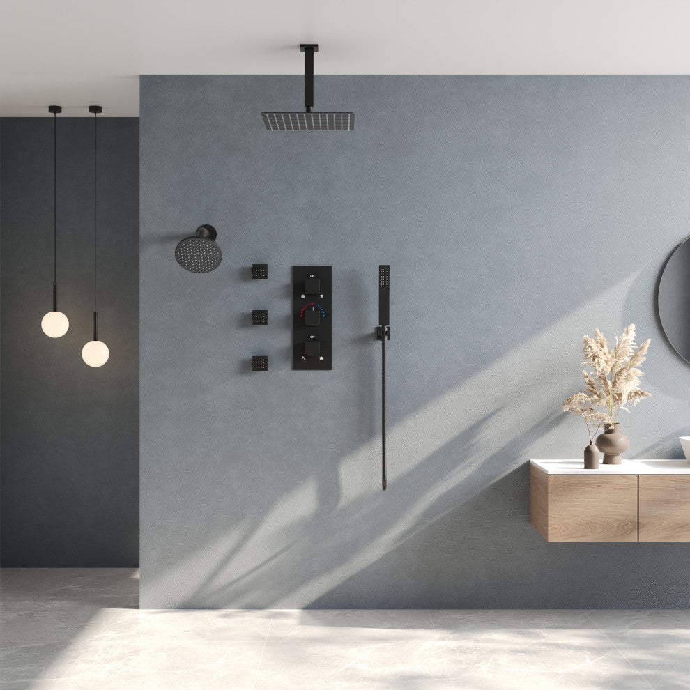 Thermostatic Dual Heads 12" Rainfall Shower System With 3 Body Jets, Matte Black