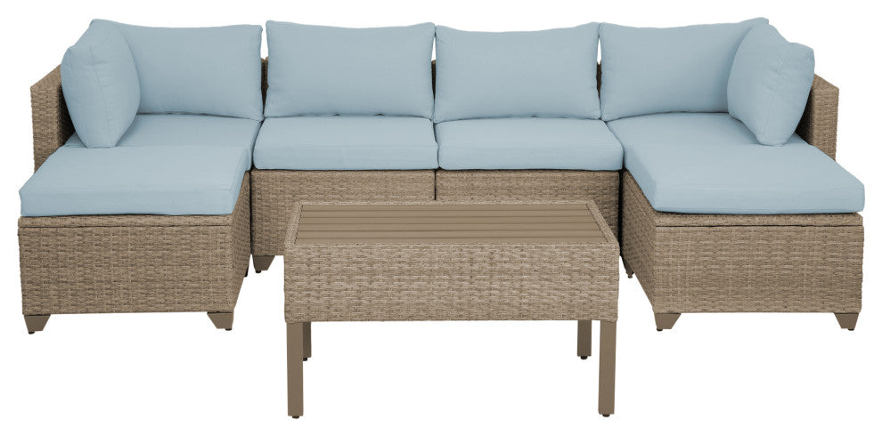 Maui 7-Piece Outdoor Conversation Set, Two Ottomans, Coffee Table, Sky Blue