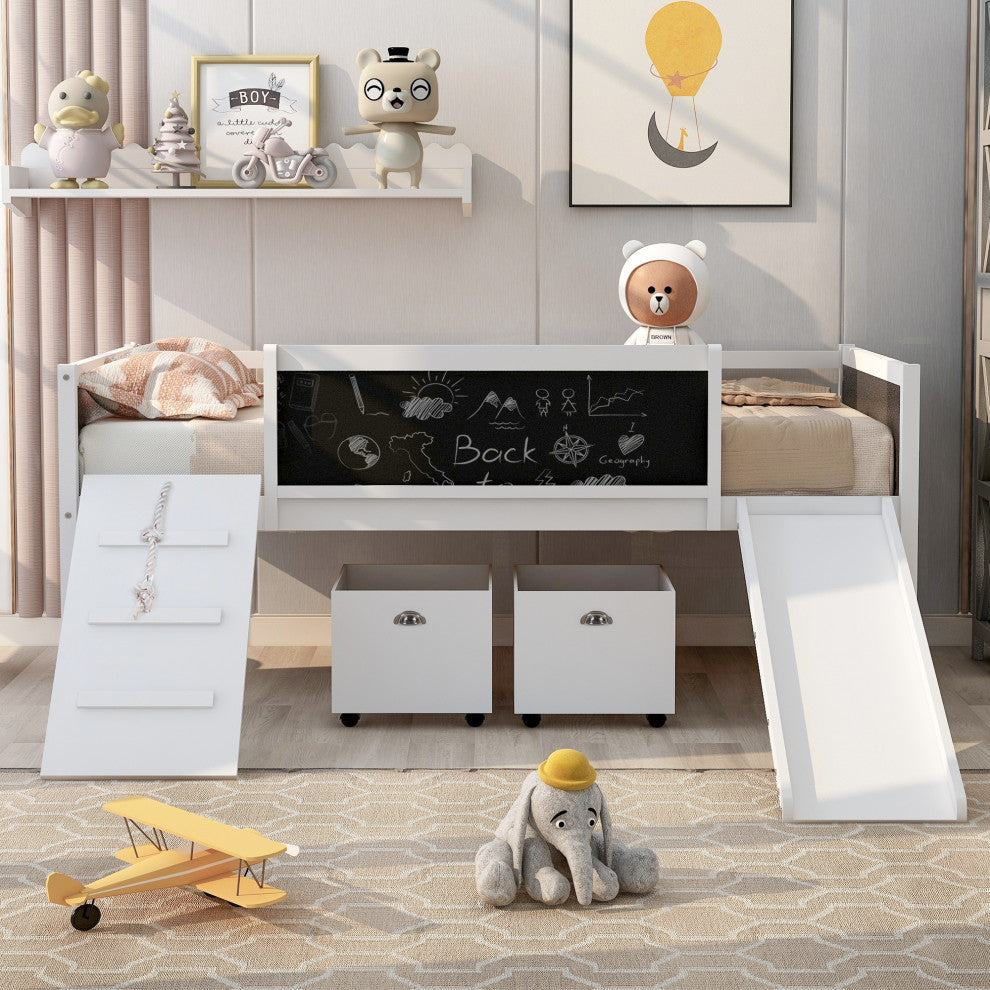 Gewnee Wood Twin Loft Bed with Two Storage Boxes and Slide in White