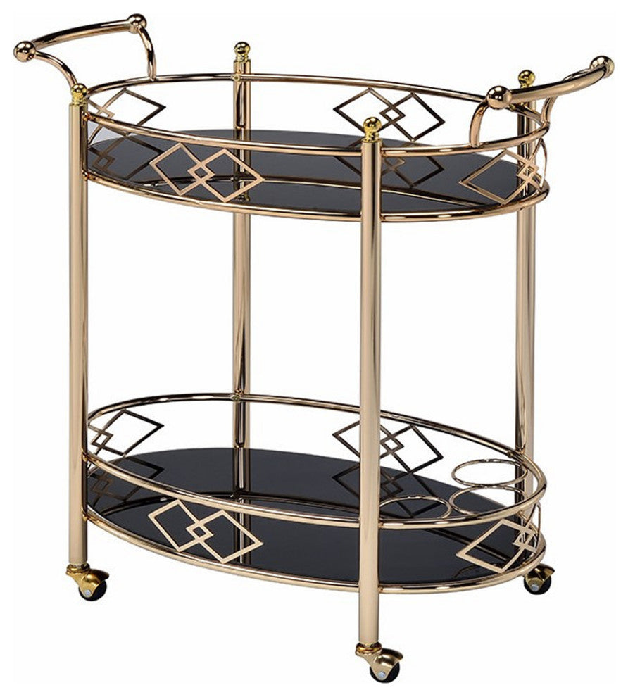 Benzara BM194345 Two Tier Metal Framed Serving Cart and Glass Shelves, Gold