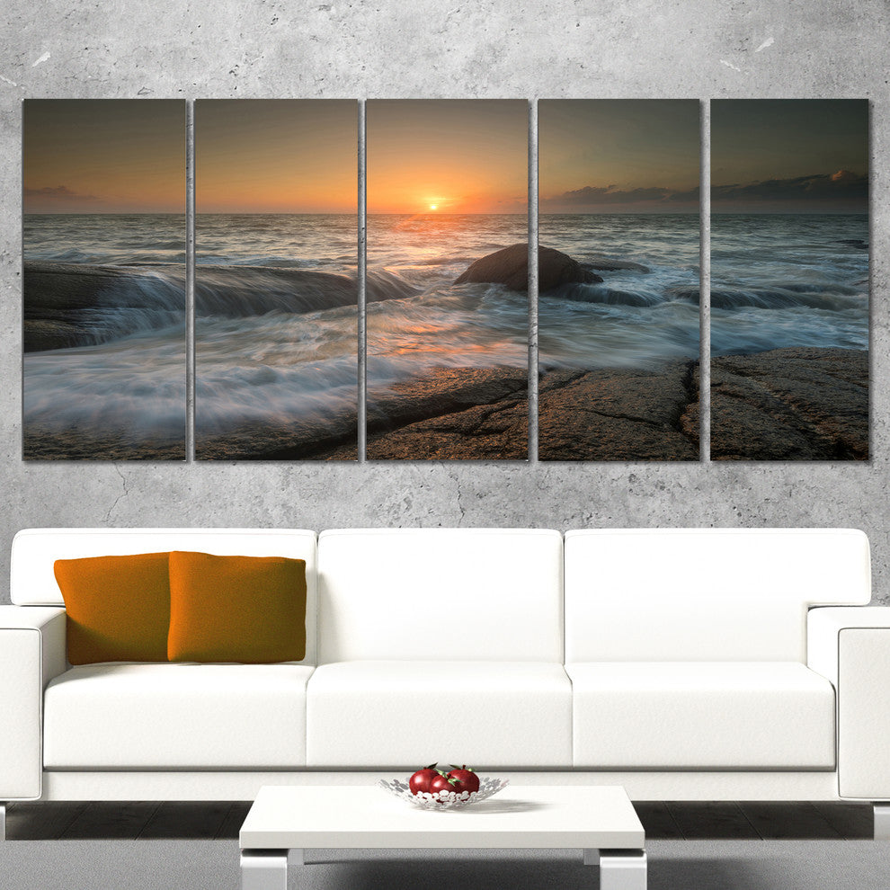 Lashing Sea Waves At Sunset, Beach Photo Canvas Print, 60"x28", 5 Panels