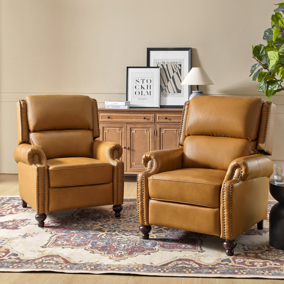 Genuine Leather Cigar Recliner With Nail Head Trim, Camel
