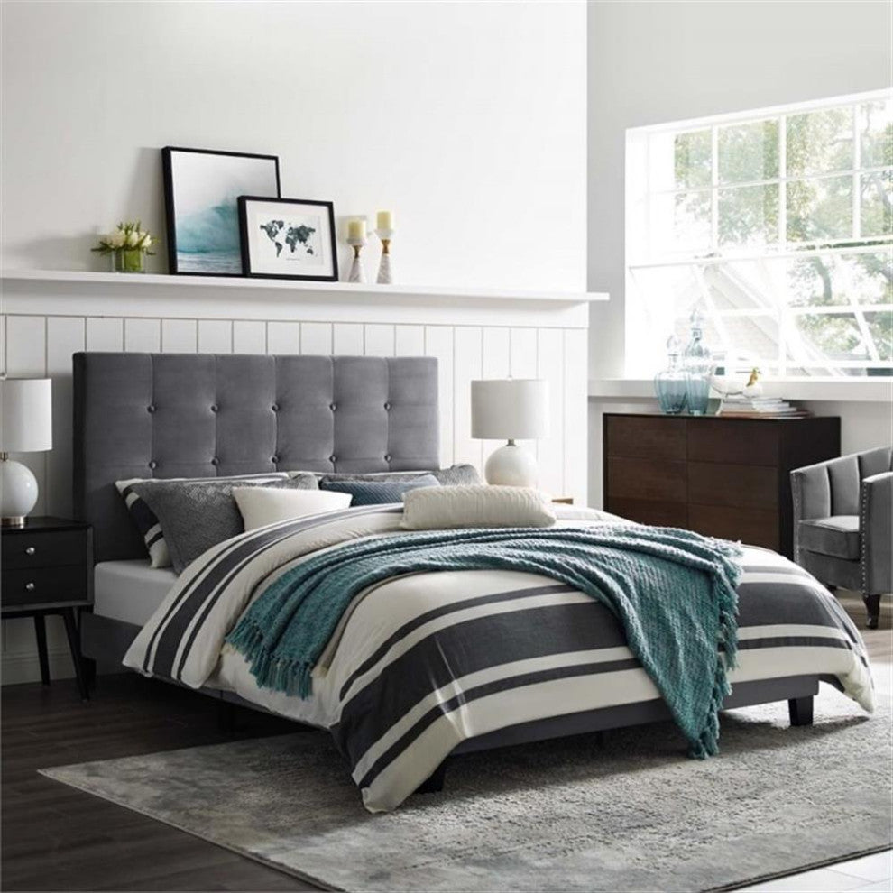 Modway Melanie Queen Tufted Button Performance Velvet Platform Bed in Gray
