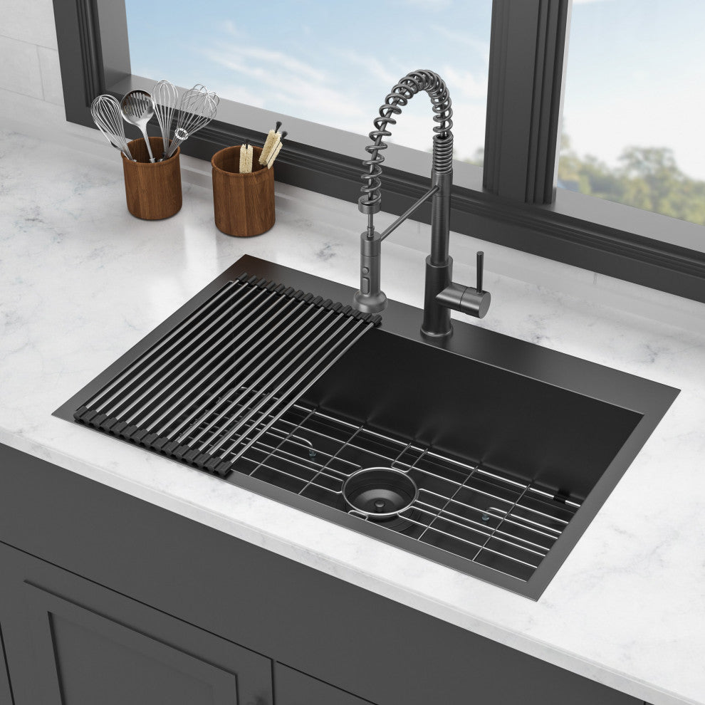 Stainless Steel 33 in. Single Bowl Drop-In Kitchen Sink with Bottom Grid