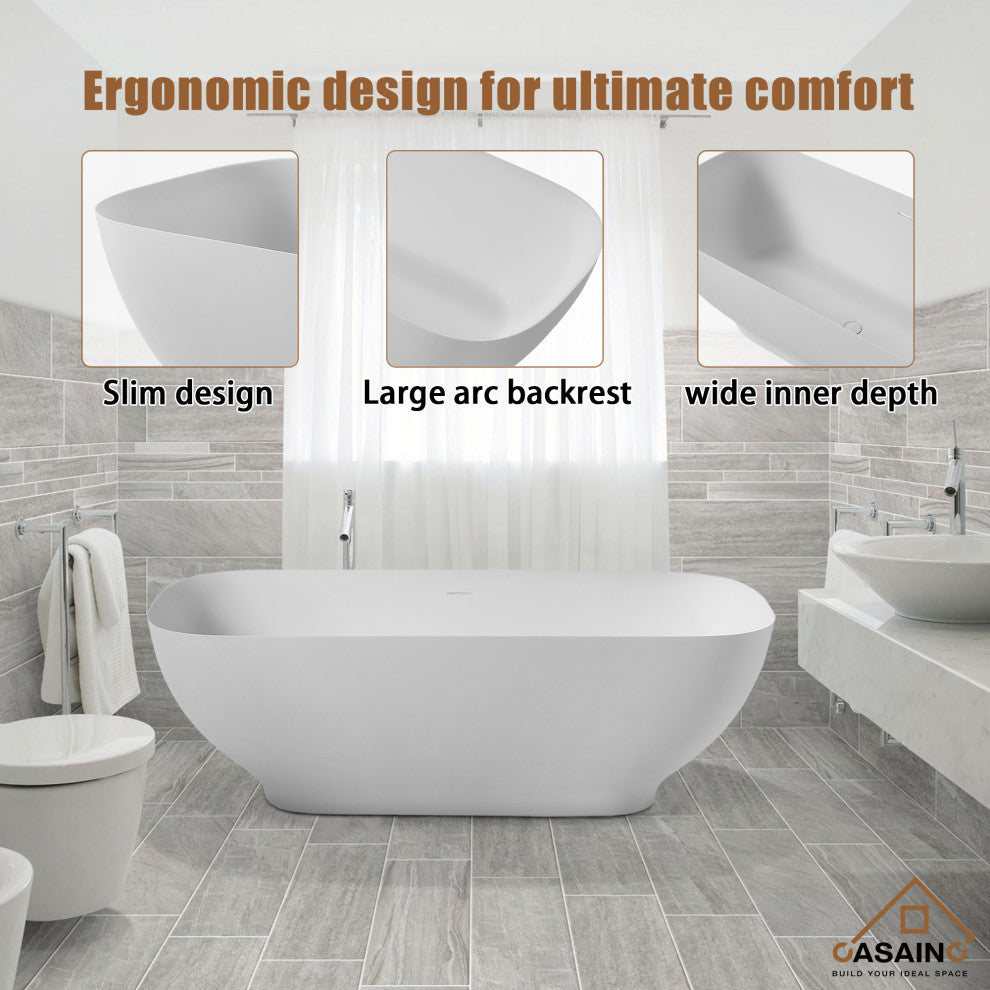 63in Solid Surface Freestanding Bathtub in Matte White, 63in