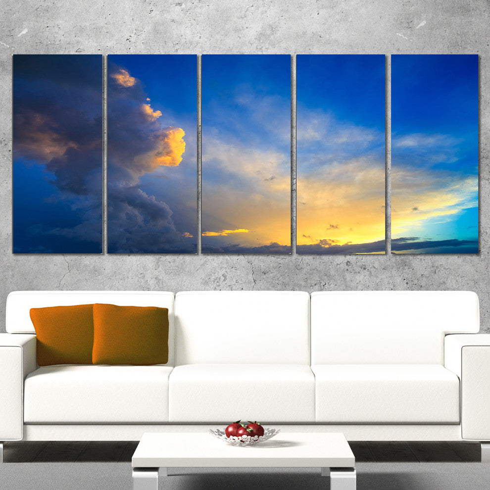 Dramatic Sunset Sky with Thunderstorm, Beach Photo Canvas Art, 60"x28", 5 Panels