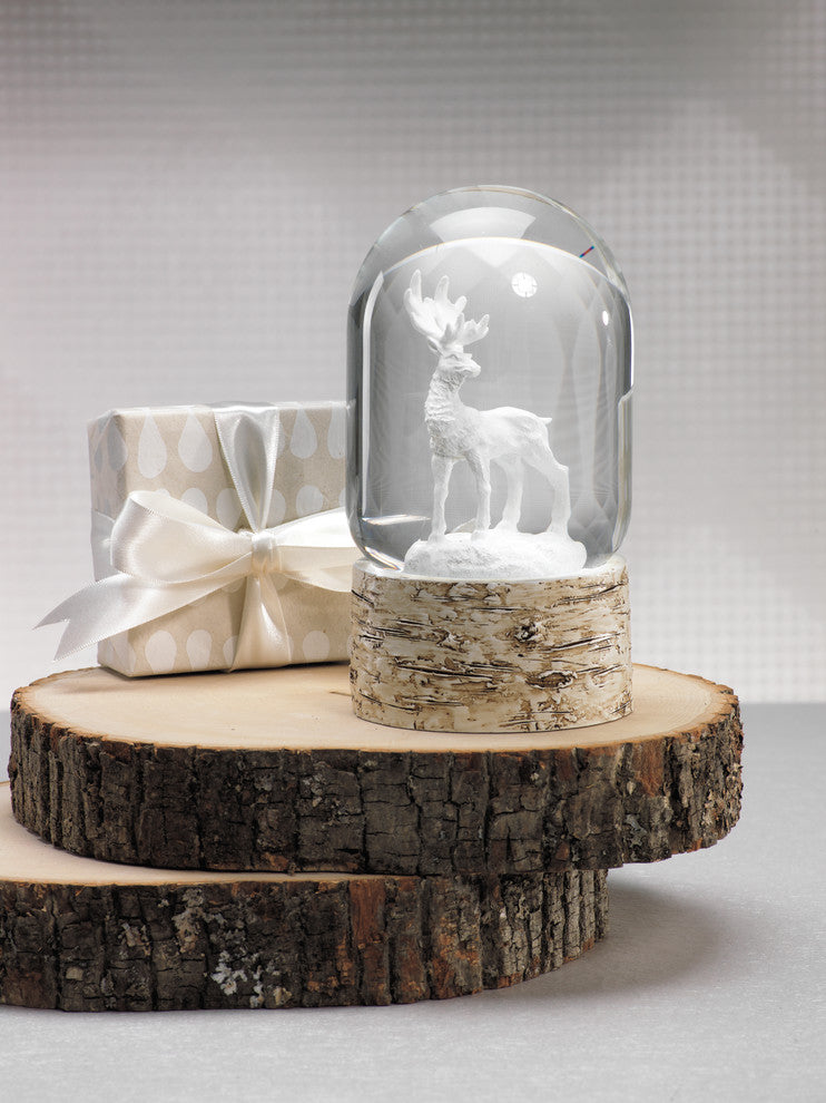 7" Tall Snow Globe Dome on Birch, Moose Sculpture, White and Beige