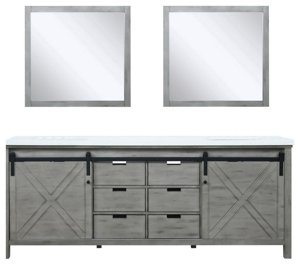 Marsyas 84" Ash Gray Double Vanity Cabinet Quartz Top Sinks, 34" Wall Mirrors