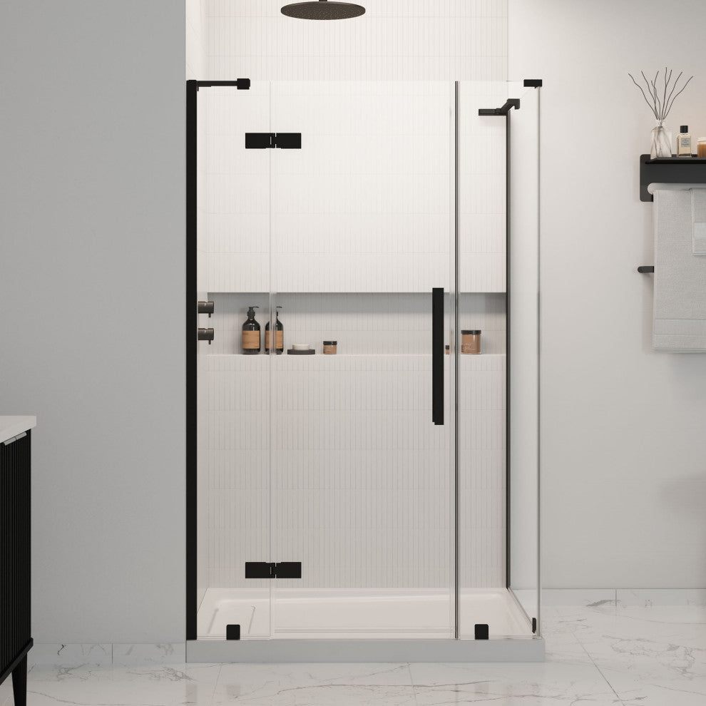 Tampa Corner Frameless Pivot Hinge Shower Door Kit With Base Pan, Black, 48x36"