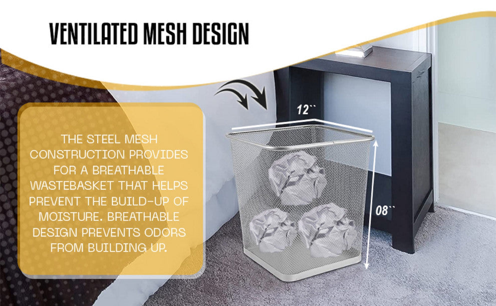 YBM Home Steel Black Mesh Rectangular Open Top Waste Basket 3 Gallon, 6-Pack