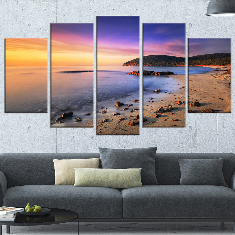 "Sunset in Cala Violina Bay Beach" Seashore Wall Art, 5 Panels, 60"x32"