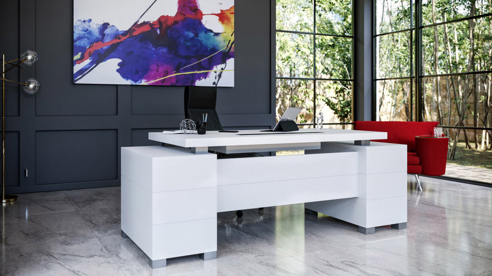 79"� Modern Ford White Matte Lacquer Desk Storage/Filing Drawers Keyboard Tray