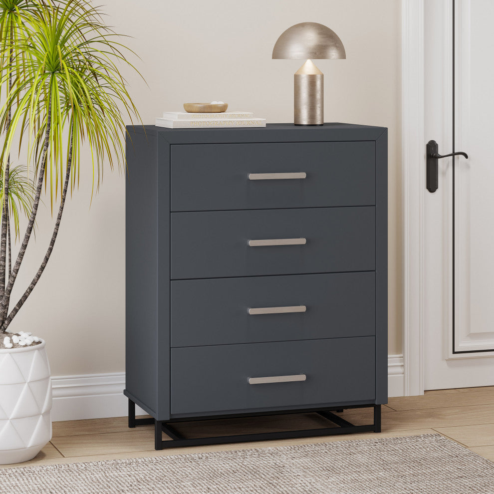 GDF Studio Modern 4-Drawer Wood Dresser With Iron Base, Charcoal Gray/Black