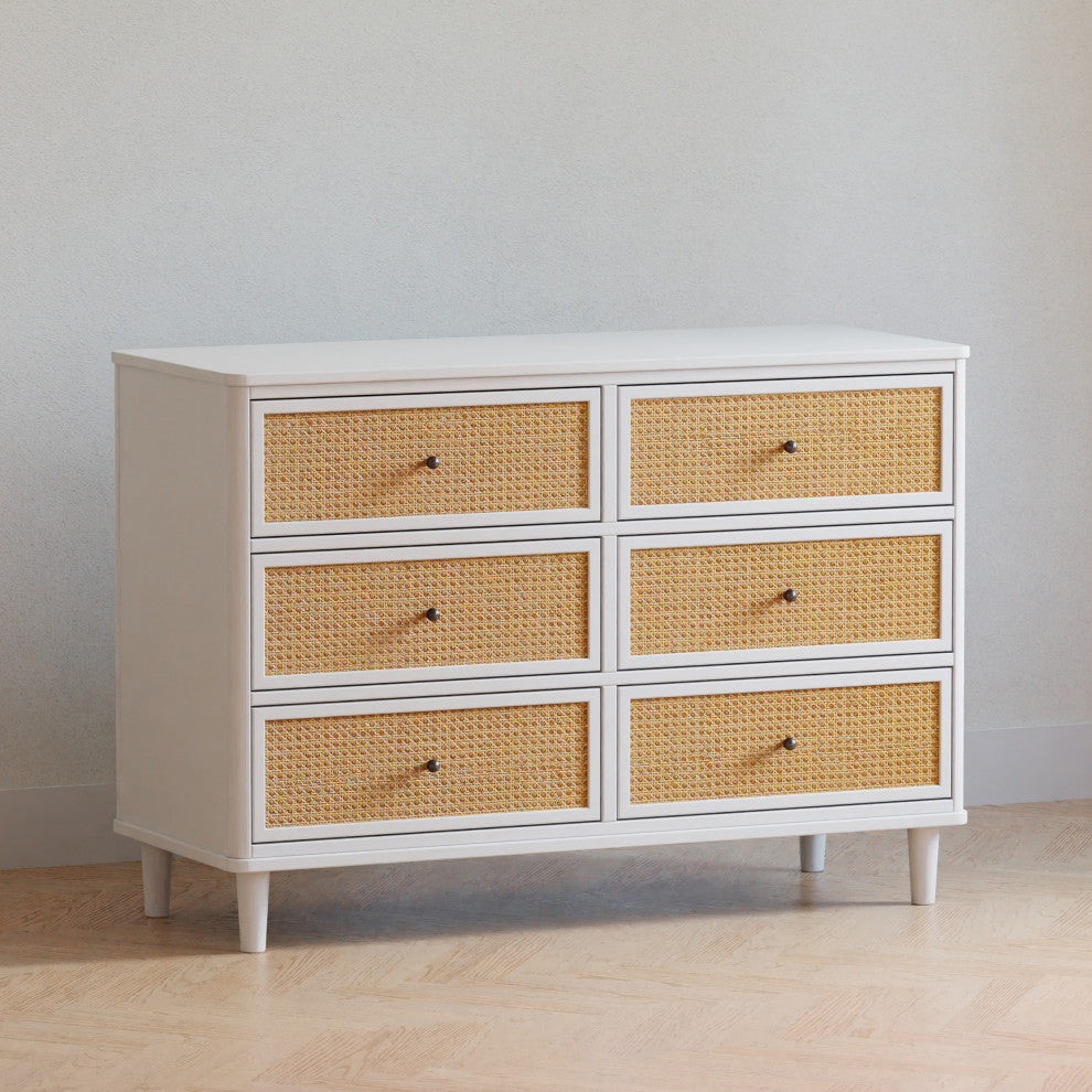 Marin With Cane 6 Drawer Assembled Dresser, Warm White/Honey Cane