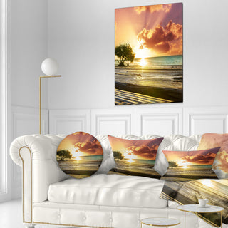 Boardwalk On Beach Under Cloudy Sky Modern Landscape Printed Pillow, 12"x20"