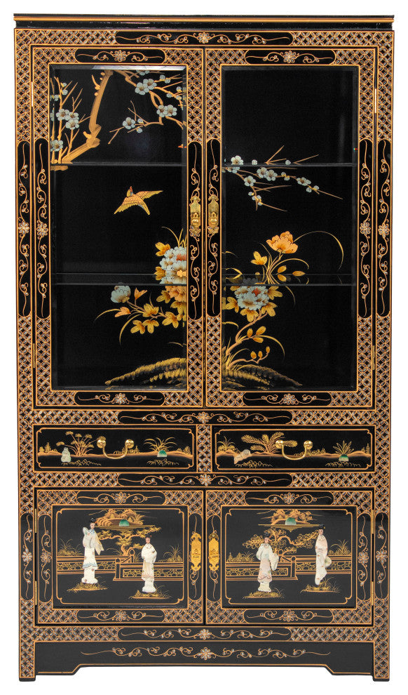 Black Lacquer China Cabinet Royal Ladies