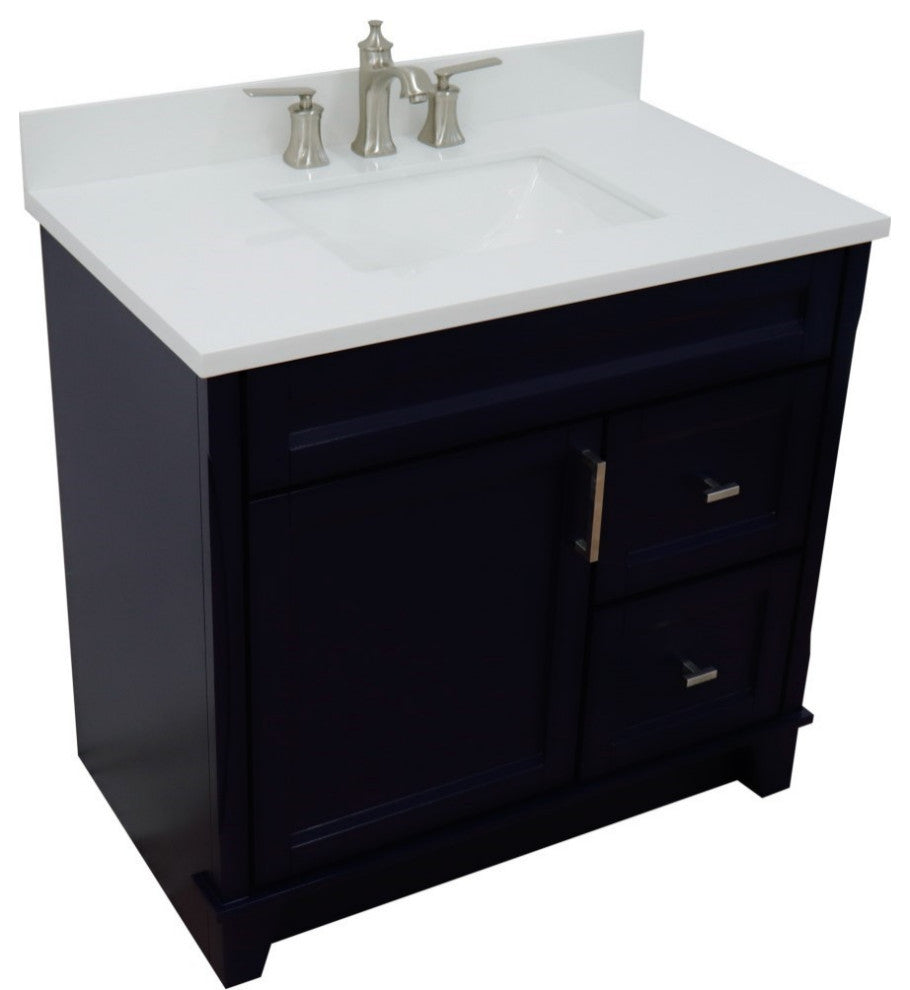 37" Single Sink Vanity, Blue Finish With White Engineered Stone Top