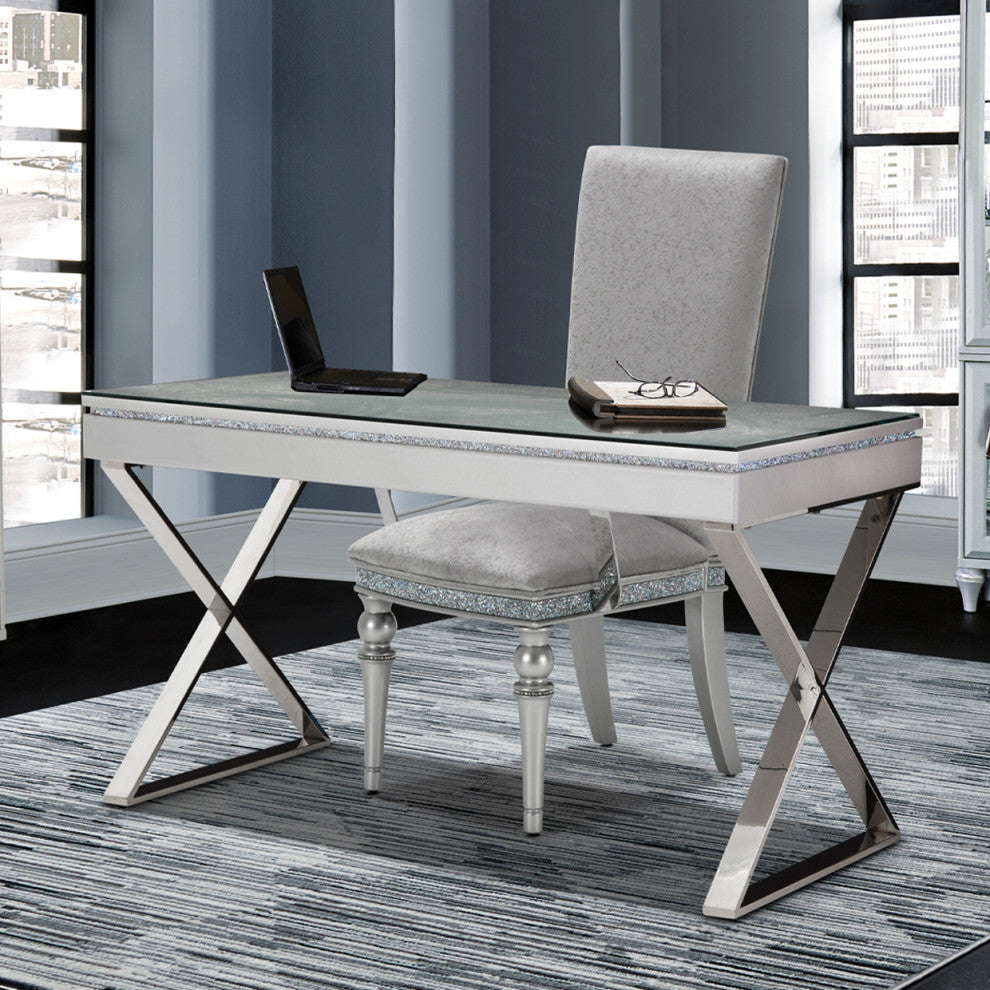 Melrose Plaza Writing Desk With Glass Top, Dove