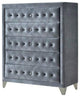 Benzara BM232975 5 Drawers Velvet Upholstered Chest With Crystal Tufting, Gray