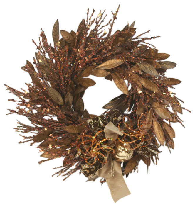 Glittered Brown and Gold Bay Leaf Wreath with Glass Ornaments