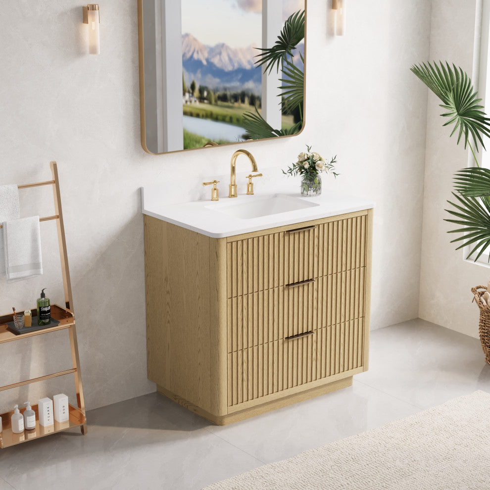 Solid Wood Freestanding Bathroom Vanity with White Quartz Top and Backsplash, 36"
