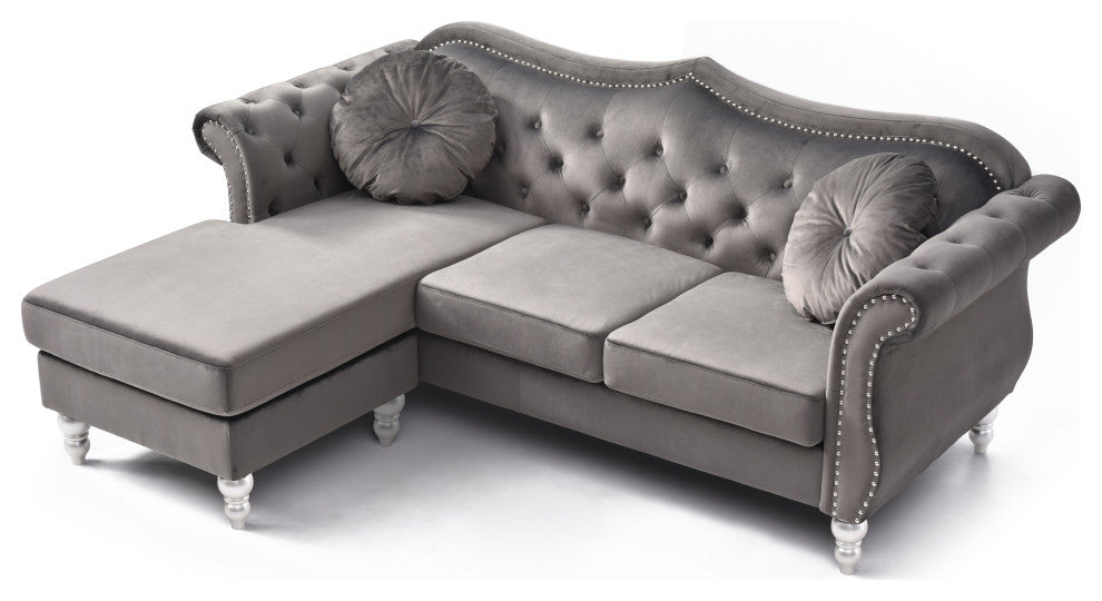 Hollywood Velvet Tufted sofa With Reversible Chaise, Dark Gray