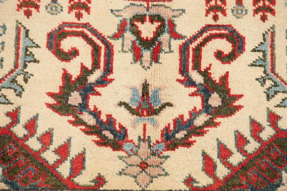 Pakistani Kazak Traditional Oriental Area Rug Hand-Knotted, Beige, 3'8"X2'8"