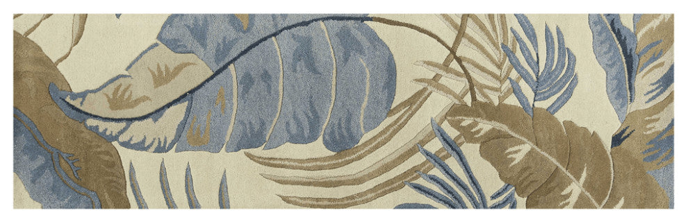 8' Ivory and Blue Wool Tropical Botanical Hand Tufted Runner Rug