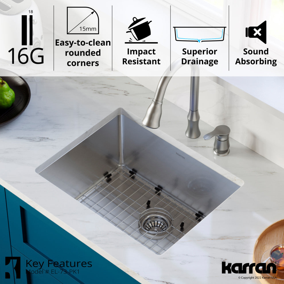 Karran 23" Undermount Single Bowl Stainless Steel Kitchen Sink Kit