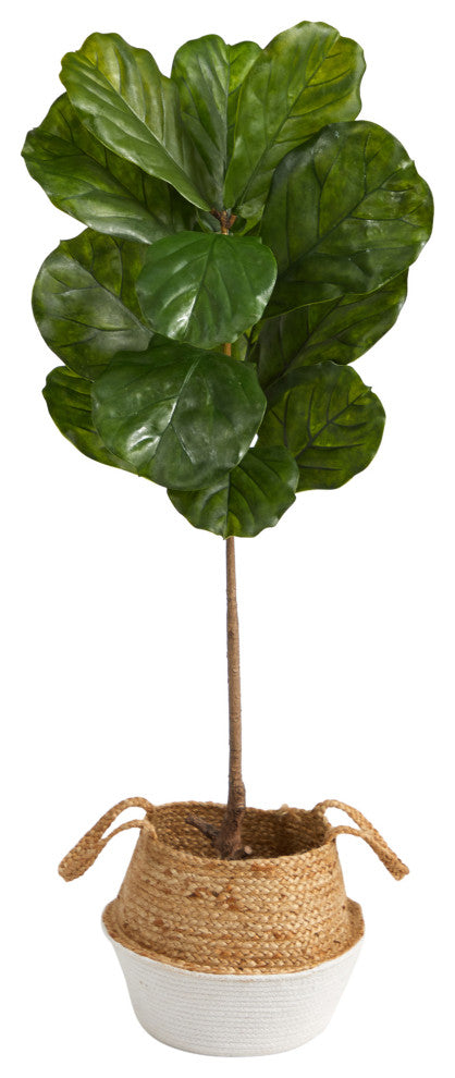 4' Fiddle Leaf Faux Tree, Boho Chic Handmade Cotton & Jute White Woven Planter
