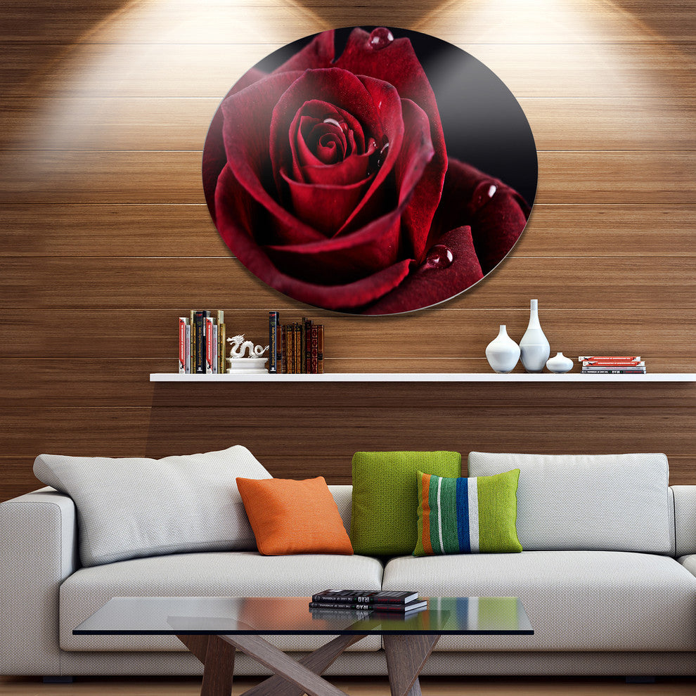 Red Rose With Raindrops On Black, Flowers Round Wall Art, 11"