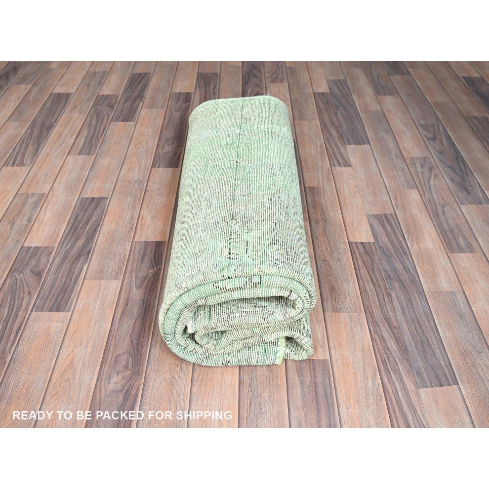 Celadon Green, Worn Wool, Hand Knotted, Vintage Persian Tabriz Rug, 6'2"x9'3"