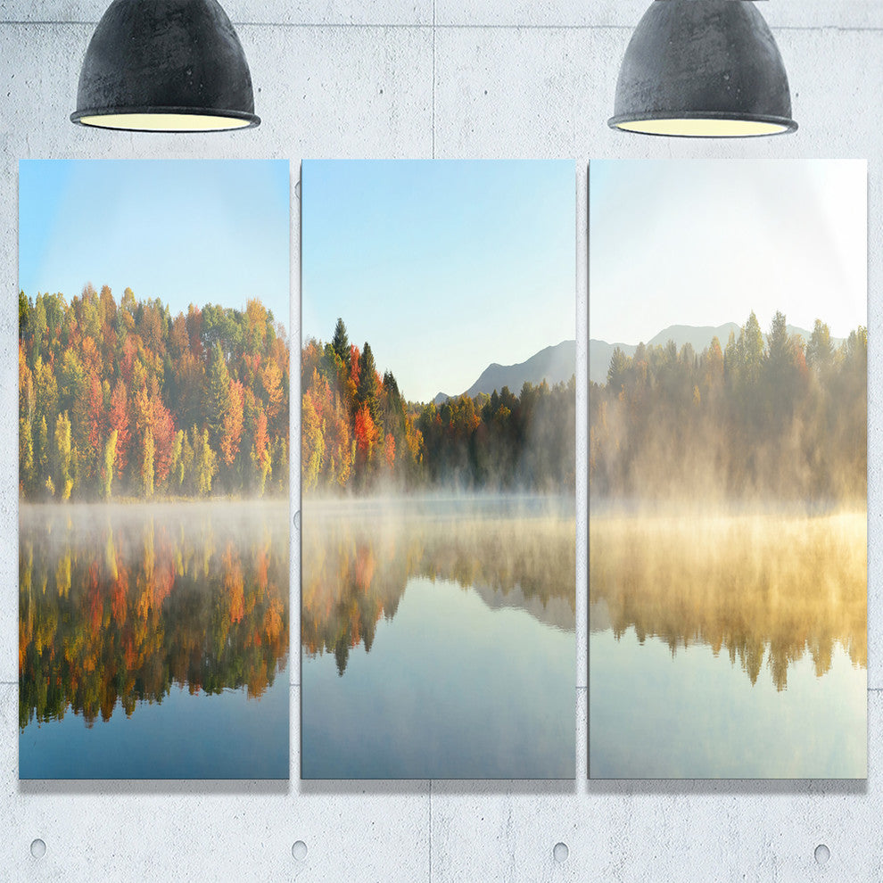 "Lake Autumn Foliage Fog Panorama" Metal Wall Art, 3 Panels, 36"x28"