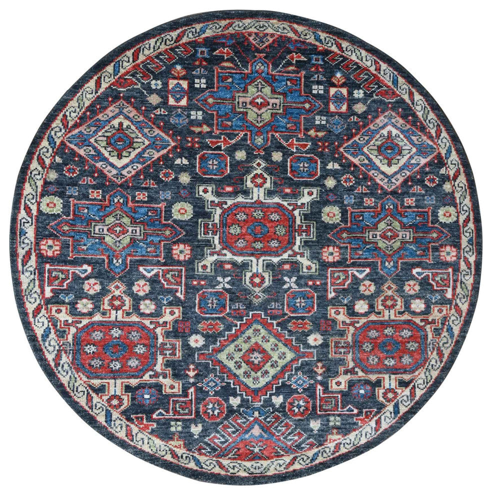 Charcoal Black Karajeh Heriz Pure Wool Hand Knotted Round Oriental Rug 7'9"x7'9"