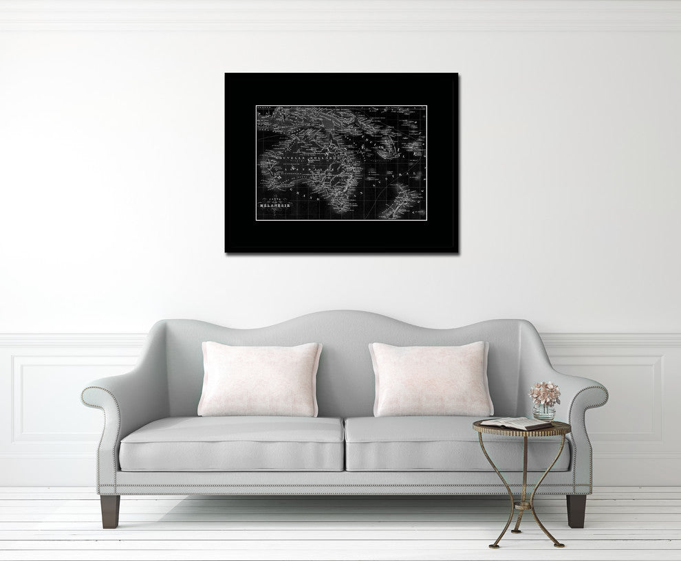 New Zealand Oceania Australia Monochrome Map On Canvas With Frame, 28" X 37"