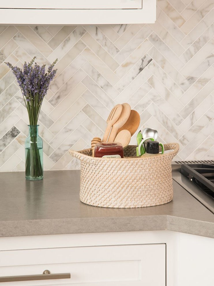Loma Oval Rattan Utensil and Bottle Basket, White-Wash