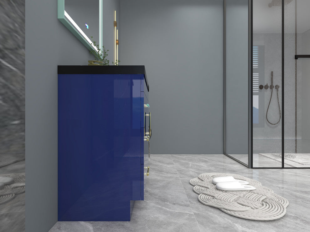 Rosa 36" Free Standing Modern Vanity, High Gloss Night Blue, Matt Black Top