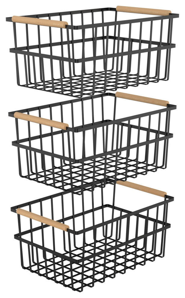 Oceanstar Metal Wire Organizer Bin Basket with Card Holder, Set of 3, Black